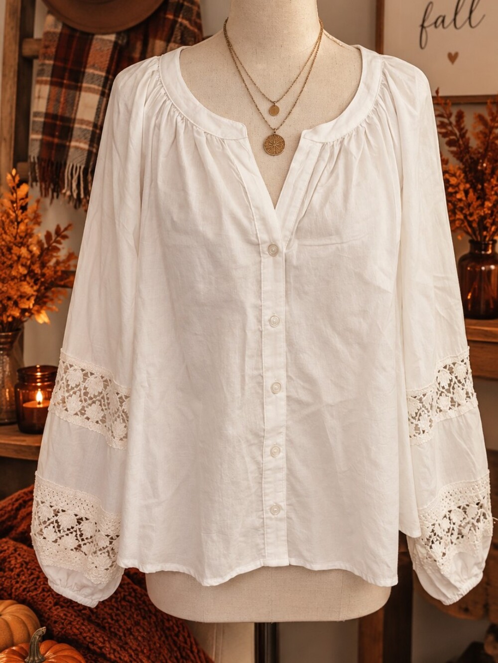 Wallflower White Button-Front Blouse with Lace Sleeves XL